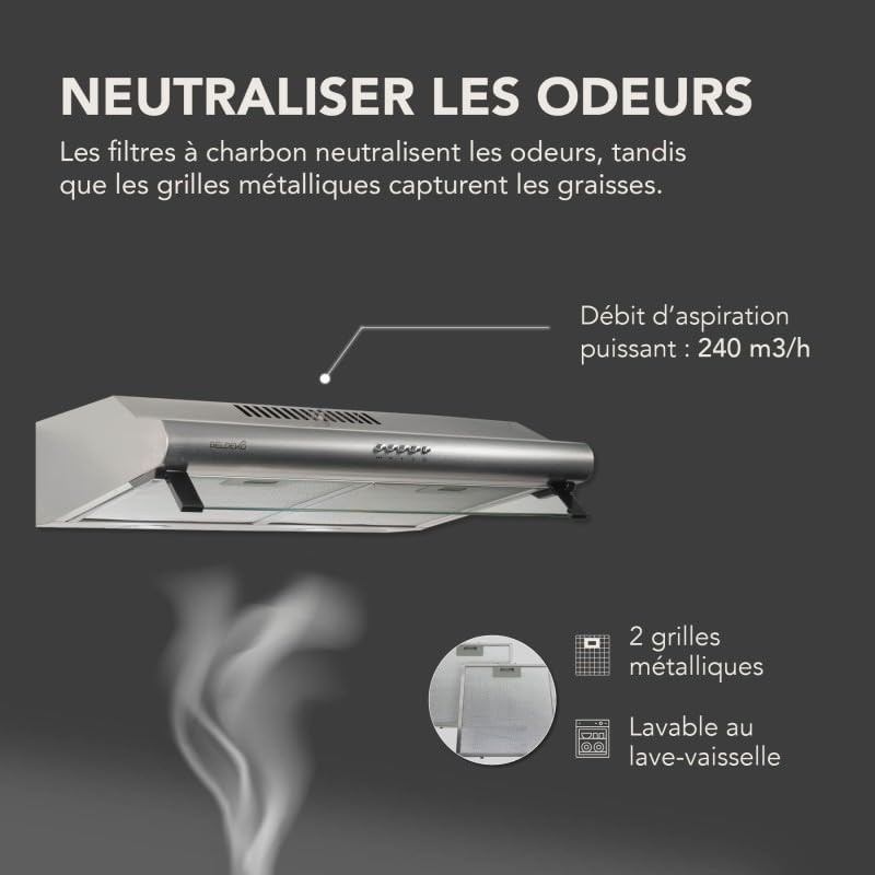 BELDEKO Hotte Casquette 60 cm Inox 240 m3/h + 2 Filtres - Marque Française