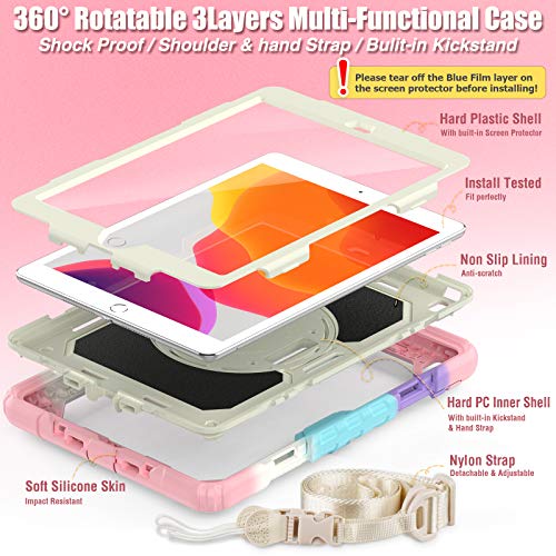 Image of SEYMAC Stock Case for iPad 9th /8th /7th Gen 10.2'', Shockproof with Screen Protector, Pencil Holder & 360 Rotating Hand Strap & Stand, iPad 10.2 inch 2021-2019 (Yellowish+Pink)