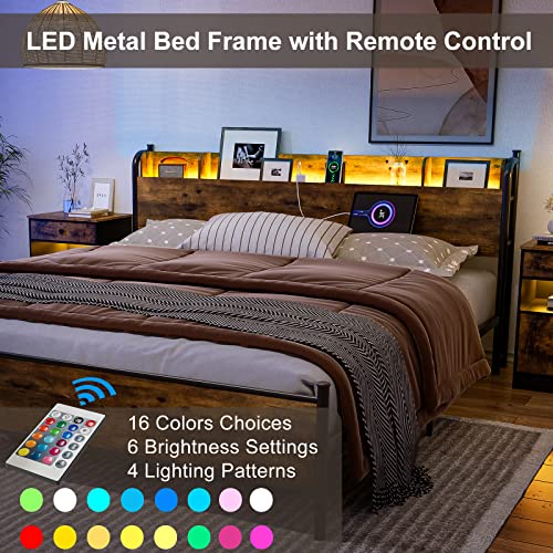 Ikifly King Size Bed Frame With Storage Shelf Headboard & Charging Station - Industrial Metal King Platform Bed With Led Lights, Strong Metal Slats Support, No Box Spring Needed - Rustic Brown #TOP5