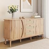 Merax Sideboard 140,5×40×76 cm, Rattankommode mit Schiebetüren, verstellbaren Einlegeböden, abgerundete Platte, stilvoller Stauraum für Wohnzimmer, Esszimmer & Flur, Holzfarbe