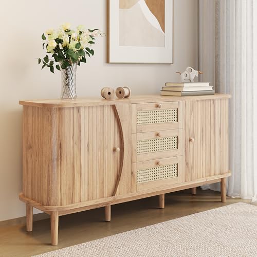 Merax Buffet 140,5 x 40 x 76 cm, en rotin, avec portes coulissantes, étagères réglables, plateau arrondi, espace de rangement élégant pour salon, salle à...