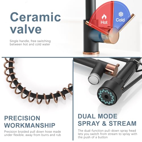 Image of AIMADI Matte Black Kitchen Faucet,Commercial Single Handle Single Hole | Spring Rose Black Gold Kitchen Faucet with Pull Down Sprayer Black Farmhouse, RV, Laundry