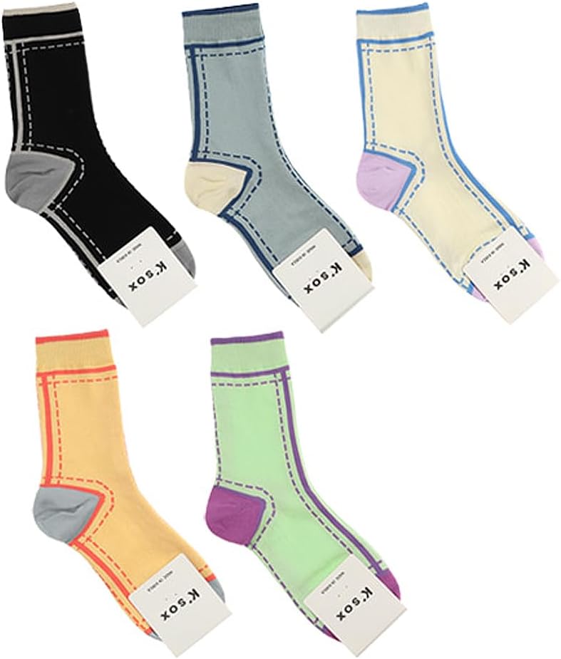 Cute Stitch Pattern Women’s Crew Socks 5 Pairs Unique & Colorful Fashion Casual Socks Premium Korean Socks All-Season High Elasticity Durable Ankle Socks Made in Korea US 5-8