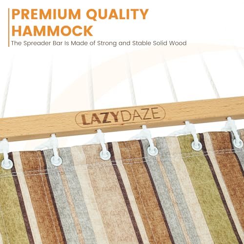 Image of Lazy Daze Double Quilted Hammock with Pillow and Carabiners, Brown Stripe | 12FT 2 Person Outdoor Hammock with Hardwood Spreader Bars and Chains for Outside, 450lbs Weight Capacity