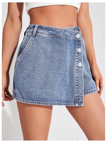 WDIRARA Women's High Waisted Button Front Denim Skort Asymmetrical Hem Skirt Shorts4