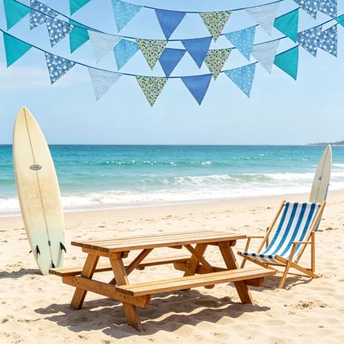 Image of Zwiebeco 32Ft Blue Fabric Floral Pennant Banner Bunting Cotton Flowers Triangle Flags Party Decorations for Birthday Wedding Engagement Bridal Baby Shower Rustic Village Sweet Home Garden Decor