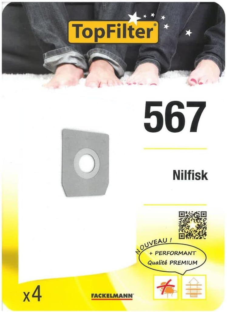 TopFilter 64567 Nilfisk Vacuum Cleaner Bags, Vacuum Cleaner Pocket, Vacuum Cleaner Accessory, Non-Woven, Polypropylene, Rubber, Cardboard, 30 x 26 cm, Pack of 4