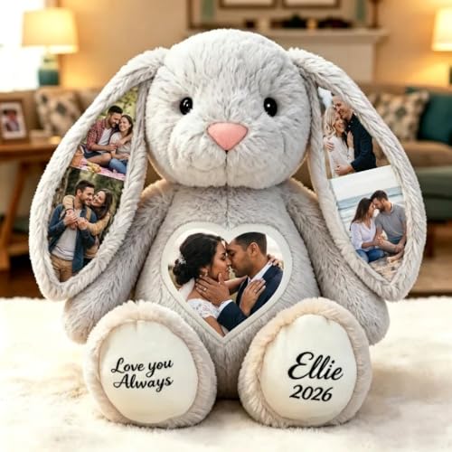 VEELU Peluche Lapin Personnalisée avec Photo & Prénom Animal en Peluche Coussin de Lapin Personnalisable pour Femme Couple Idée Cadeau Anniversaire Mariage...