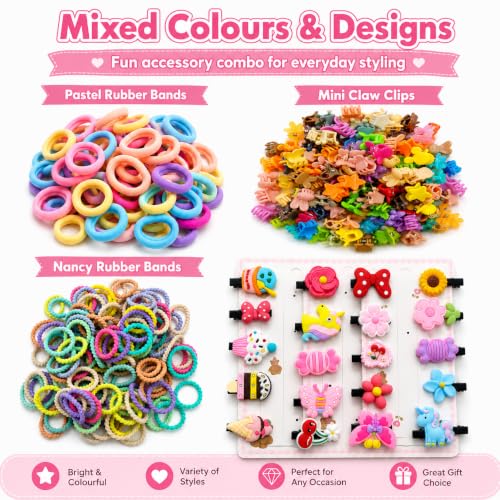 Image of 160 Pcs Hair Accessories for Kids Girls | Cute Baby Hair Clips, Rubber Bands, Nancy Bands & Mini Claw Clips Combo | Hair Accessories for Baby Girl | Kids Hair Clips Set | Mixed Designs