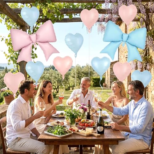 Image of 12 Pcs 18 Inch Heart Balloons and 38 Inch Bow Balloons, Large Foil Bow Heart Balloon Bow Party Decorations for Birthday Baby Shower Valentines Wedding Party