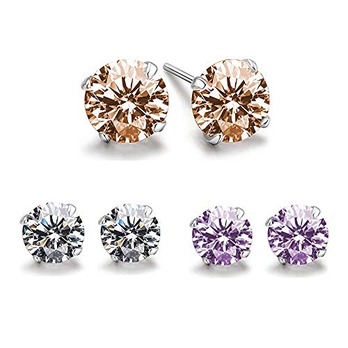 Caiery 3 Paia 8 mm Semplice Orecchini a Perno in Argento 925 con Cristalli da Donna Gioielli Set（Bianco, Champagne, Viola）…