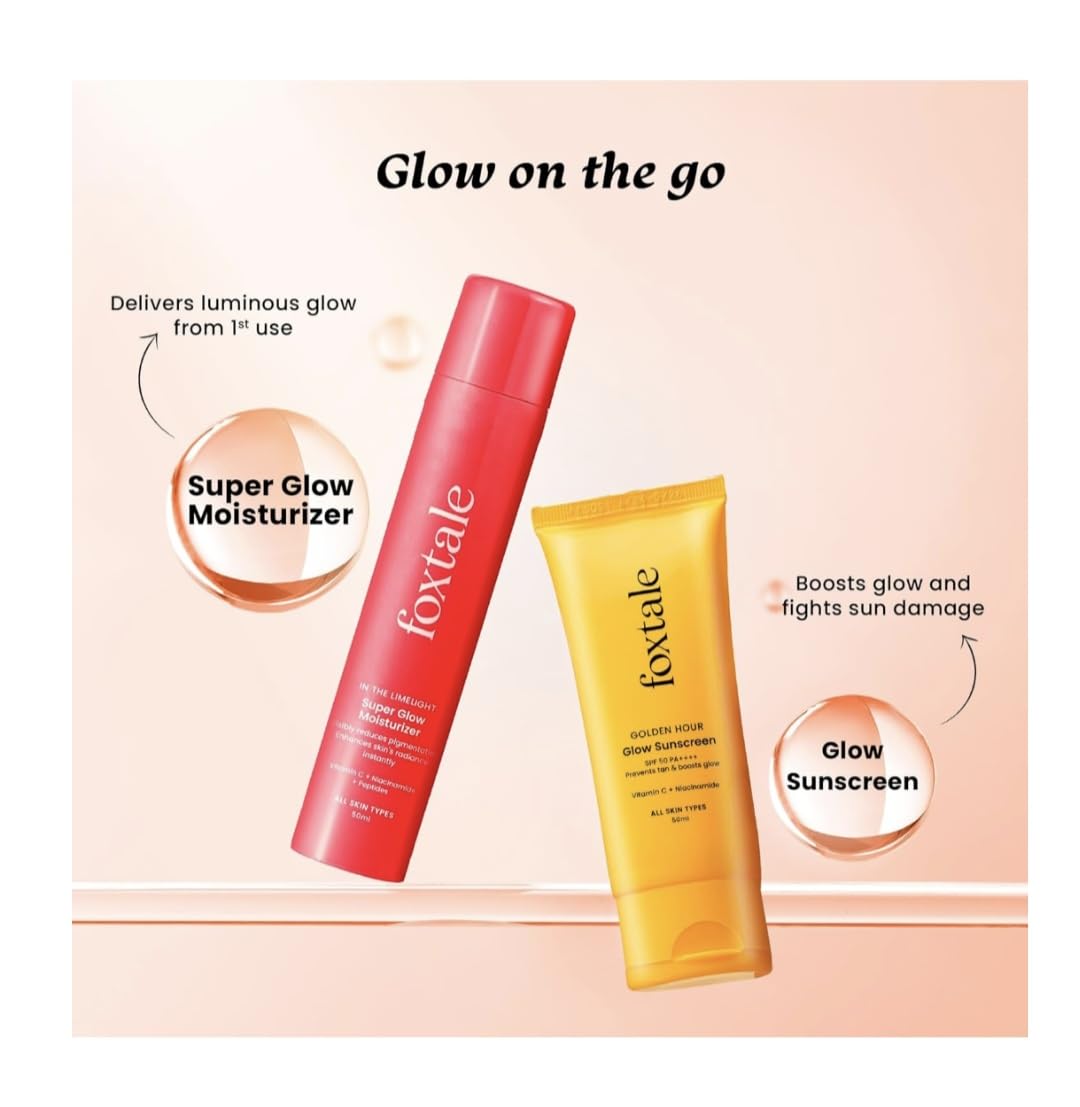 Fo. Xtale glow duo Golden Hour Skincare Set, Super Glow Moisturizer and SPF 50 Glow Sunscreen, Vitamin C and Niacinamide Formula, Non-Sticky, Lightweight, All Skin Types, 50ml Each
