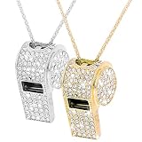 YONEEKSS 2 PCS Whistles with Keychain, Bling Crystal Rhinestone Metal Whistle Long Chain Gold Plated Shining Whistle, for Coach, Referee, Basketball, Lifeguard (Gold and Silver)