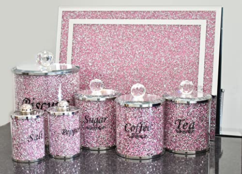 DEENZ PINK CRUSHED DIAMOND SALT PEPPER CANISTERS JARS WITH CHOPPING BOARD BISCUIT JAR, TEA COFFEE SUGAR JARS KITCHEN SET