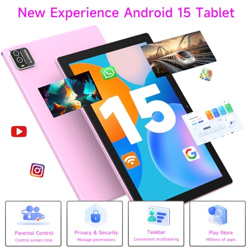 Image of NOVOJOY Tablet 10 Inch Android Tablets with Case and Stylus Android 15 Tablet with Cover 2MP+8MP Dual Camera 6000mAh Battery 12GB RAM(4GB+8GB Expansion) 64GB ROM 5Gwifi-6 10.1 inch Tablets (Pink)