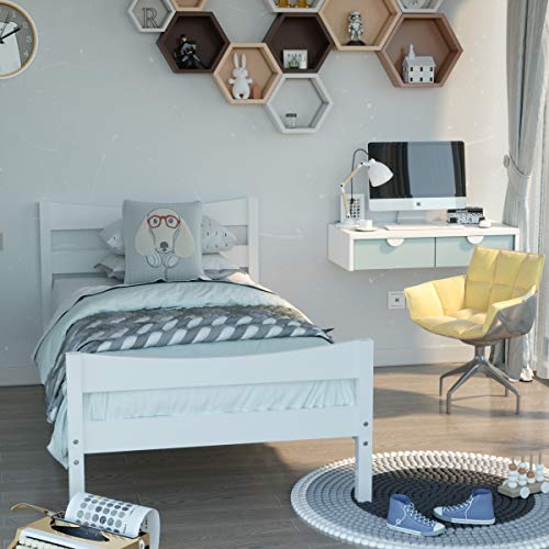 Giantex Wood Bed Frame Twin Size, Rustic Style Platform Bed w/Headboard & Footboard, Solid Wood Slat Support, No Box Spring Needed, Panel Bed Mattress Foundation for Kids (White)