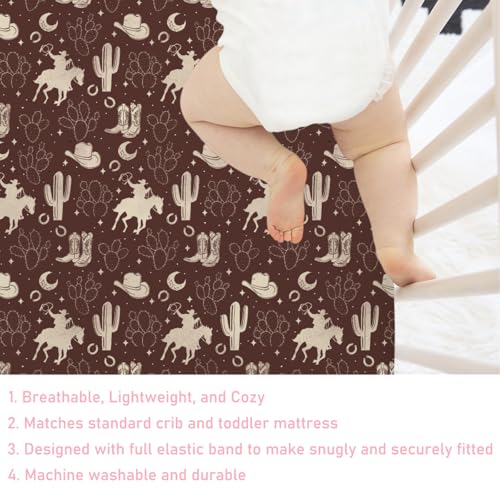 Image of Vintage Western Cowboy Baby Crib Sheets 52''x28'' Cowboy Horse Boots Hat Cactus Moon Snug Fitted Crib Mattress Cover for Boy Girl Wild Plants Soft Baby Bed Sheet for Standard Crib Toddler Mattress