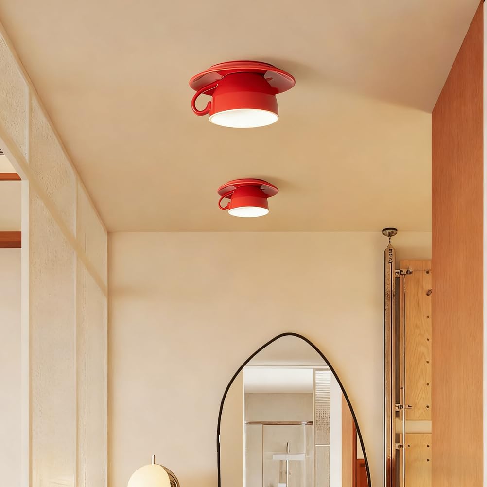 OOWOKS Plafonnier LED rouge créatif Lampe de plafond Céramique Tasse à café Design 3 températures de couleur (3000K/4500K/6000K) Éclairage de plafond moderne Lustre pour restaurant Café Couloir,Vert