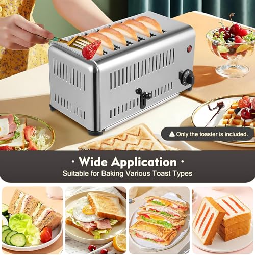6 Toaster Stainless Steel, Commercial Toaster MachiNe with Widen Baking Slots, Bread Baking Machine with Timing Function, 5 Levels Adjustable, Removable Crumb Tray, for Bakeries - Image 3