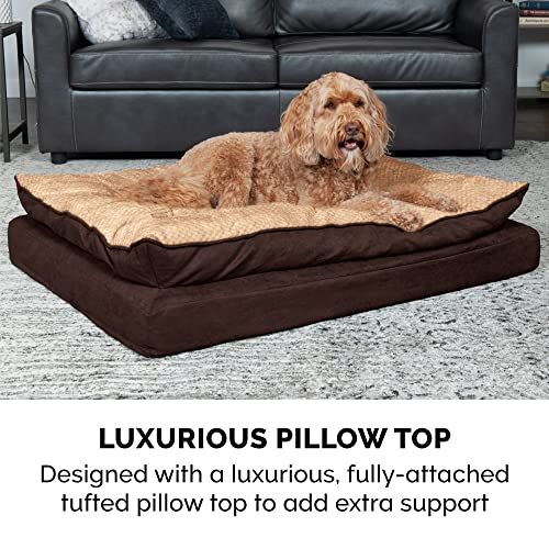 Image of Furhaven Orthopedic Dog Bed for Large /Medium Dogs w / Pillow Cushion Top & Removable Washable Cover, For Dogs Up to 55 lbs - Minky Plush & Suede Pillow Top Mattress - French Roast, Large