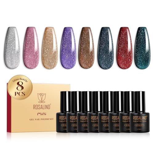 ROSALIND Esmaltes Semipermanentes, 8 Colores Purpurina Marrón Plateado Rosa Negro Rojo Verde Morado Pintauñas Semipermanentes Brillo,Soak Off UV/LED Mini Glitter Esmaltes en Gel Manicure Regalo