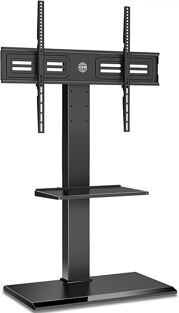 FITUEYES Cantilever TV Stand 2 Shelves with Iron Base for 50" to 80" Screen Swivel Height Adjustable Holds 50kgs Max VESA 800x600 mm Black TT208001MB