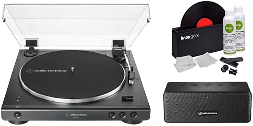 Audio-Technica AT-LP60XSPBT - Tocadiscos de dos velocidades totalmente automático y altavoz Bluetooth (negro) con kit limpiador de discos de vinilo