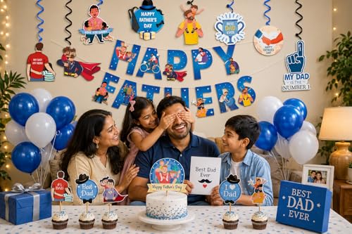 Image of Festiko Father's Day Decoration Kit for Celebration Party, Super Dad Banner with Balloons, Cake Topper & Photo Booth Props for Fathers Day Surprise Decoration Supplies for Home Party