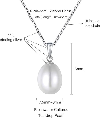 Miniatura 2 de Collar con colgante de perlas cultivadas de agua dulce de plata de ley 925 para mujeres y niñas, dije de lágrima con colgante de perlas chapadas en