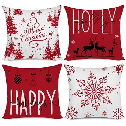 Miaikoe Fundas de cojín de Navidad rojas 50 x 50 cm, juego de 4 decoraciones navideñas Felices Fiestas de Holly Jolly Copo de Nieve Feliz Navidad Decoración Funda de cojín para el sofá del hogar Sofá