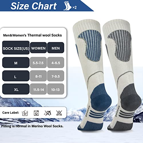 Image of Merino Wool Ski Socks 2 Pairs, Thermal Knee High Warm Socks for Snowboarding, Hiking, Cold Weather, Snow, Hunting