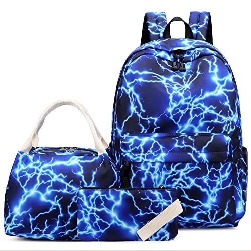 Sugaroom Lightning Print School Backpack for Girls Boys Backpack with Lunch Box Teen Kids Backpack Middle School Bags Preschool Primary Elementary Bookbags Set