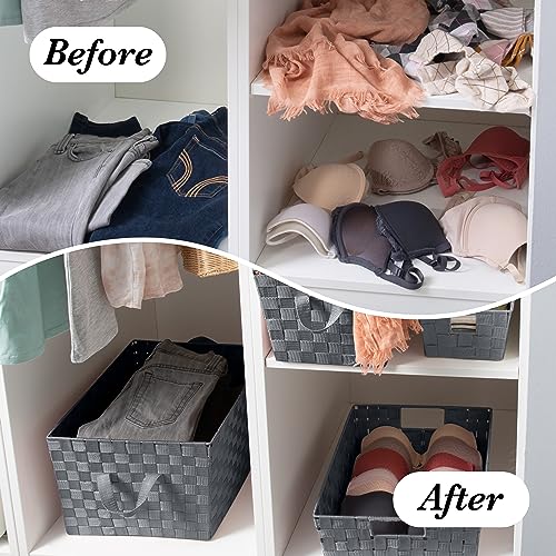 Image of Simplify Large Shelf Woven Strap Tote | Decorative Storage Basket | Built in Handles | Organization | Closet | Bedroom | Bathroom | Nursery | Accessories | Toys | Gifts | 4 Pack | Grey