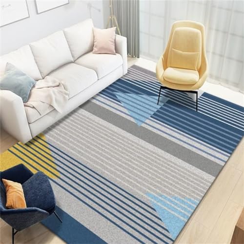 Tapis de salon lavable en machine bleu gris à fines rayures
