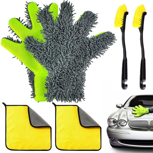cersaty 2 Piezas Guantes de Lavado de Coche, Guantes de Lavado traer 2 Paño para Lavar el Coche 2 Cepillo para Lavado de Coches para Limpieza de Coches,Motocicletas