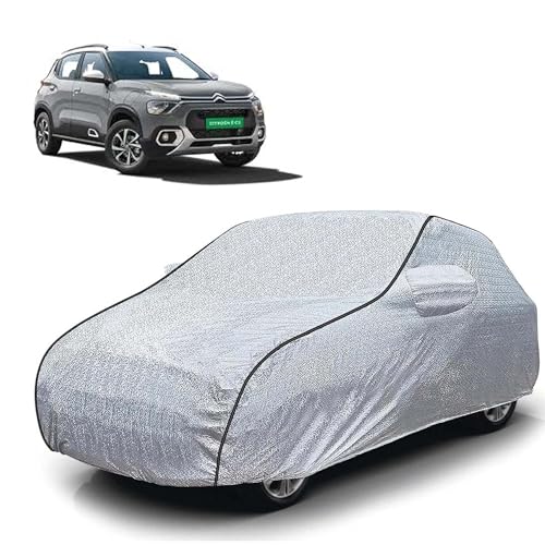 Image of Sulfar 100% Waterproof Car Body Cover Compatible with Mirror for CITROEN E-C3 All Electric (Triple Stitched, Full Bottom Elastic, Magic Silver with Black Piping)