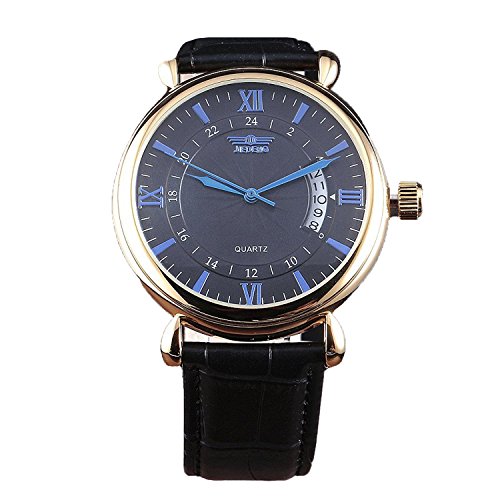 JIEDENG Men's Skeleton Complete Calendar Blue Hands Stainless Steel Auto Mechanical Wrist Watch
