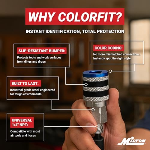 Image of Colorfit by Milton Coupler & Plug Kit (T-Style) 1 /4 inch NPT Quick Connect Hose Fittings for Air Tools & Compressors (With Bumper, 14)