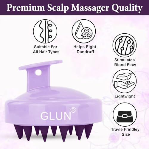 Image of GLUN Pack of 2 Scalp Shampoo Brush - Silicone Hair Scalp Massager for Dandruff Removal & Deep Cleansing (Purple)
