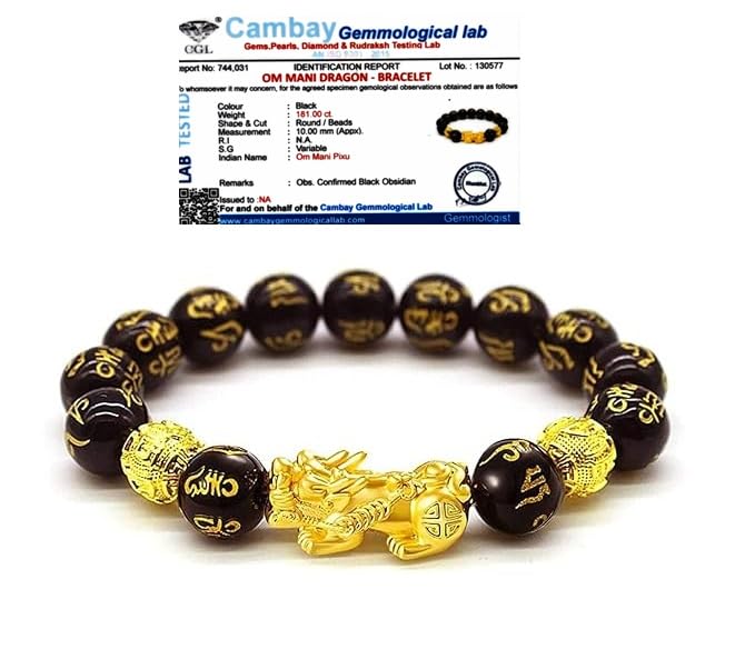 GEMTUB Feng Shui Black Obsidian Pixiu | Om Mani Bracelet with Gold Plated Pi Xiu/Pi Yao Dragon Design 10mm Beads Size