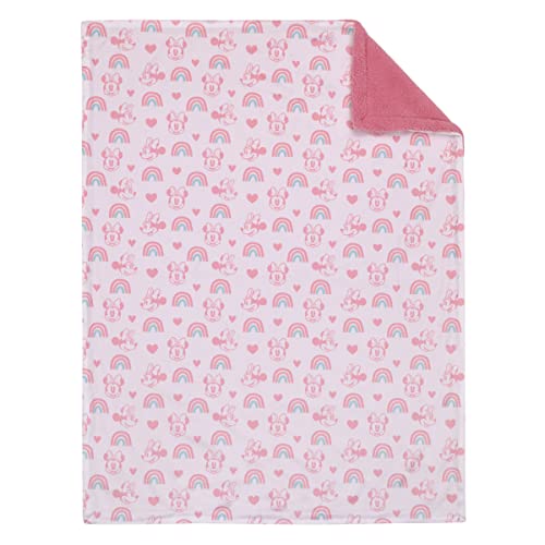 Image of Disney Minnie Mouse White, Pink, and Aqua Rainbows and Hearts Super Soft Sherpa Baby Blanket and Security Blanket 2-Piece Set
