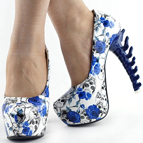SHOW STORY Ladies Skull Rose Print Platform Bone Heel Party Club Pumps,LF806103