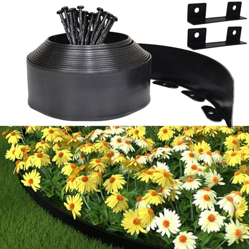 Bordura Giardino Plastica, Recinzione Giardino Esterno 10cmx20m, Include 60 punte di ancoraggio e 2 connettori, con un paio di guanti, Recinzione Decorativa per Giardino (Nero, 10cmx20m)