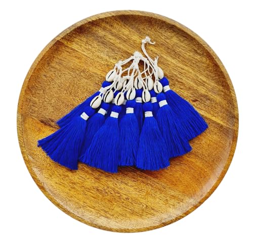 Image of Zippy Flora Handmade Cotton Tassels with Cowrie Shells for DIY & Crafts Project, Pack of 10 (Royal Blue)