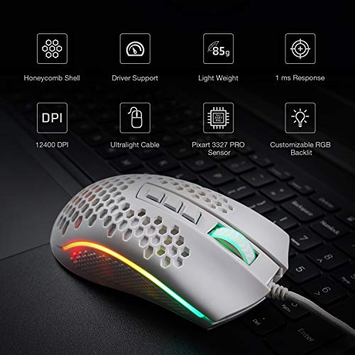 Image of Redragon M808 Storm Lightweight RGB USB Gaming Mouse with 85g Ultralight Honeycomb Shell, 12400 DPI Optical Sensor, 7 Programmable Buttons, Precise Registration, Super-Lite Cable (White)