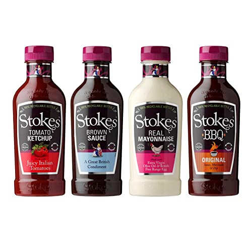 Stokes Squeezy Sauce Selection | 4 Bottle Gourmet Set | Tomato Ketchup Brown Sauce Real Mayonnaise & Original BBQ | Squeezy Bottles for BBQ Burgers & Everyday Meals