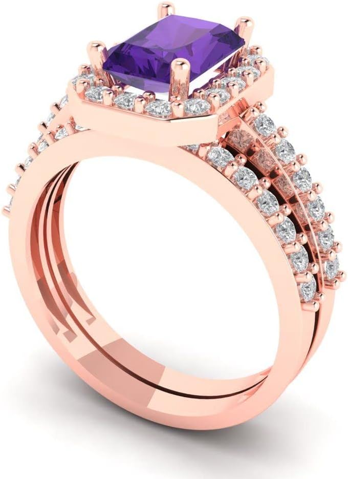 Clara Pucci Amethyst Solitaire with Accents 14K Rose Gold Ring & Zirconia Stacking Band Anniversary Set (2.16 cttw, 7.5X5.5mm, Emerald Cut)