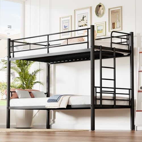 HaoChrymec Cama Litera Infantil de Metal, Convertible en 2 Camas Individuales, con Barandilla de Seguridad, Escalera Antideslizante, Cama Juvenil para Dormitorio y Piso Compartido, Negro, 90 x 200 cm