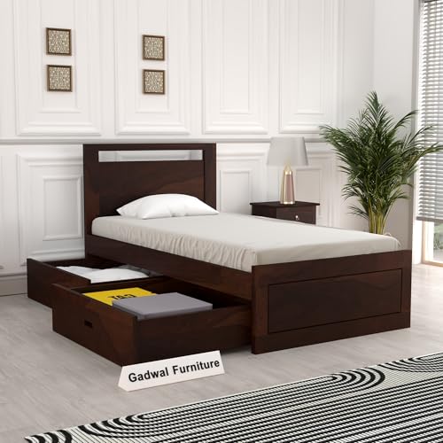 Image of Solid Sheesham Wood Bed 6X3 Single Bed with Drawer Storage for Bedroom - Single Cot Wooden BedSingle Size for Living Room Guest Room - 12 Months Warranty (Henry Walnut, 6X3 Drawer)