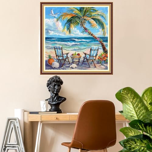 Image of Fanxvivy Stamped Counted Cross Stitch Kits for Adults Printed Cross-Stitch Patterns 11CT Stamped or Counted Cross Stitching Embroidery Kit Needlepoint Kits-Afternoon Tea by the Sea 18x18 inch